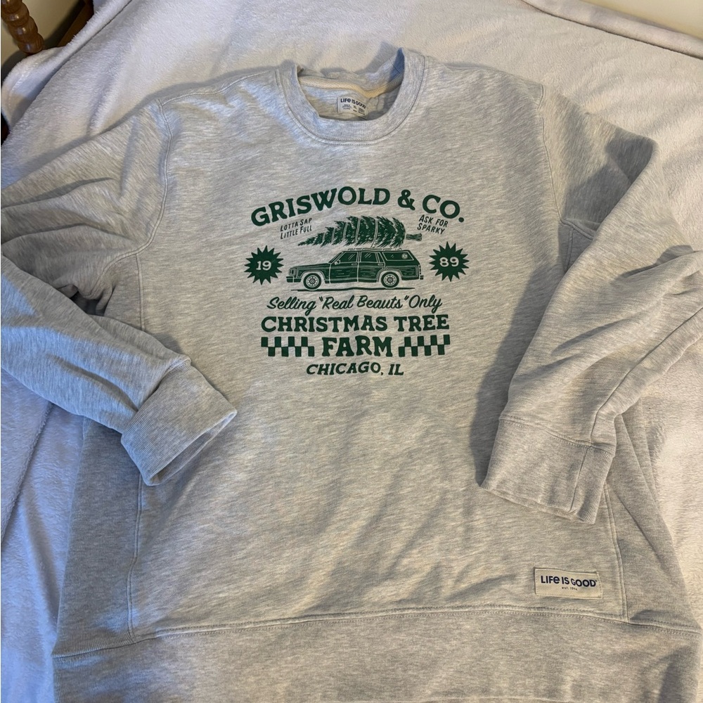 Life Is Good Gray Crewneck Sweater with Green Print